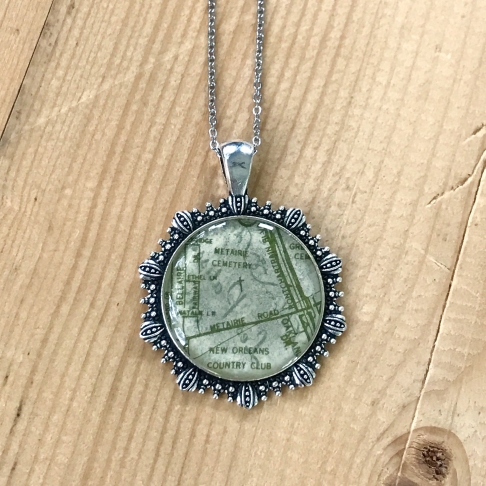 Cemeteries Map Necklace in Green by Emily McDonald | Silver plated copper, epoxy resin, vintage map, stainless steel chain Cemeteries Map Necklace in Green